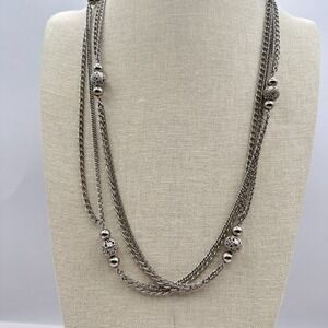 Vintage 80s Silver Tone Domonique CZ Triple Layered Box Chain Necklace Jewelry